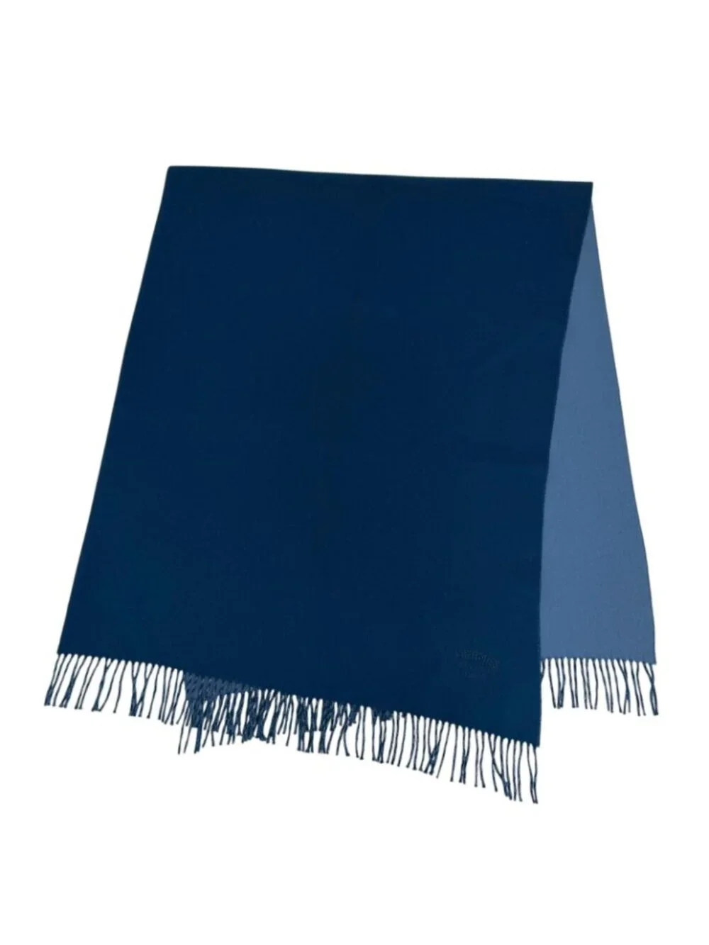 Hermes Cashmere Logo Embroidery Bicolor with Fringe Large Scarf Shawl Blue